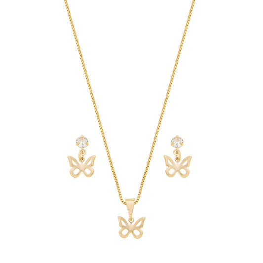 Conjunto borboleta com pedra banhado a ouro 18k