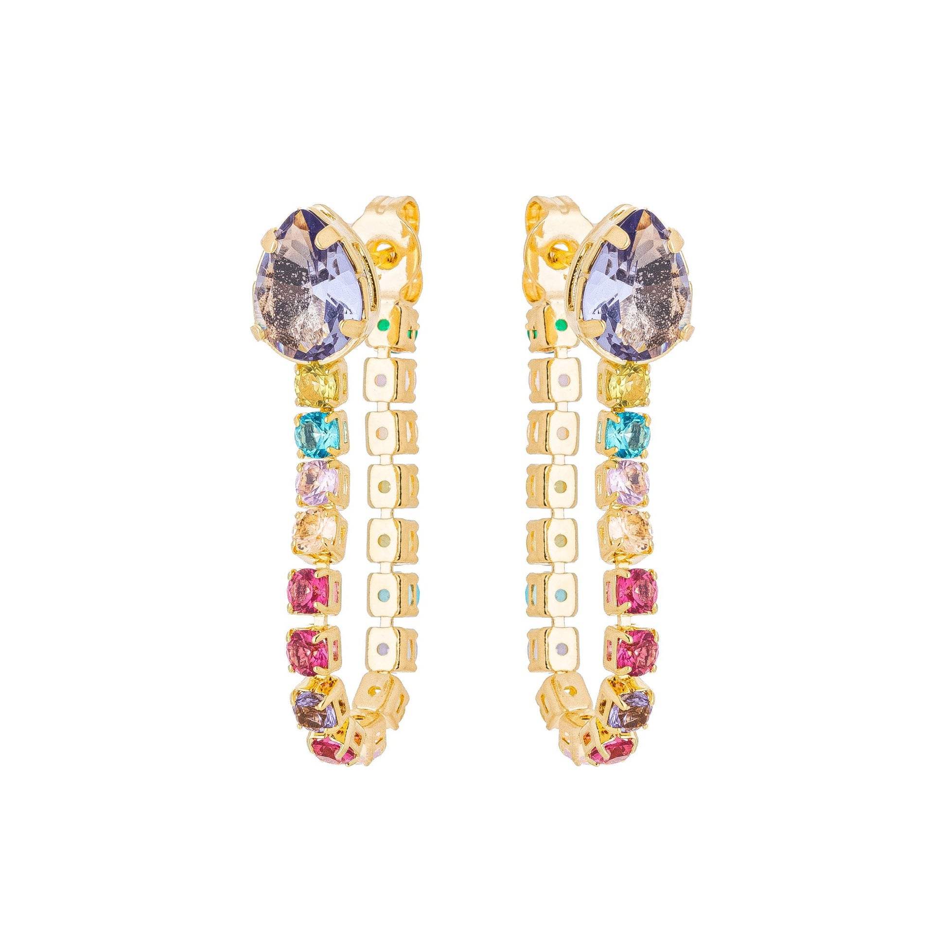 Brinco gota com riviera colorida banhado a ouro 18k - Biju & Cia.