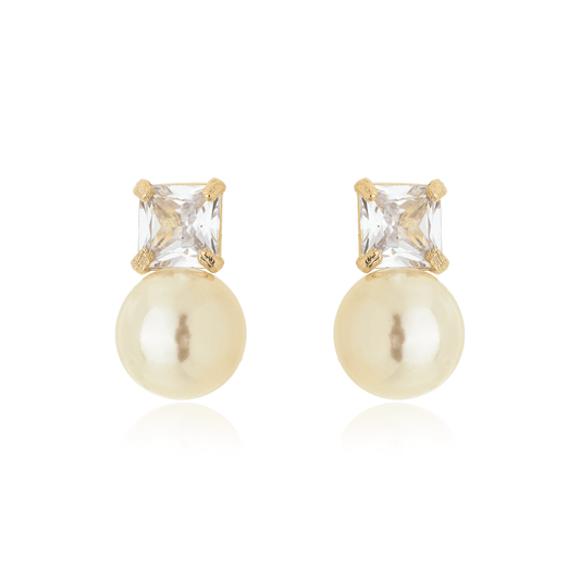 Brinco de pérola com zircônia quadrada banhado a ouro 18k - Biju & Cia.