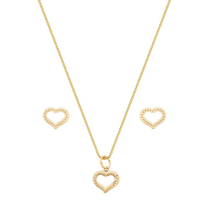 Conjunto coração trabalhado banhado a ouro 18k