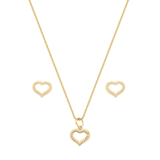 Conjunto coração trabalhado banhado a ouro 18k