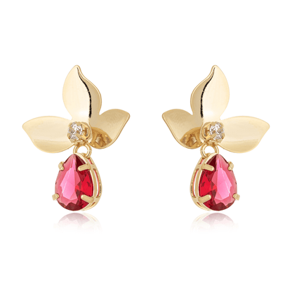 Brinco de flor com pedra banhado a ouro 18k - Biju & Cia.