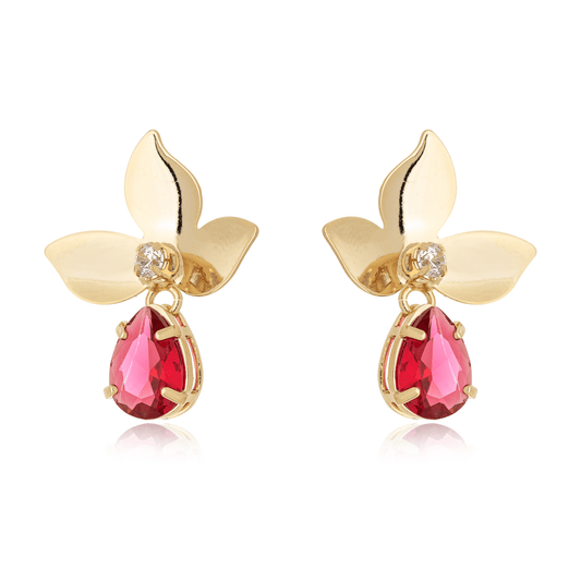 Brinco de flor com pedra banhado a ouro 18k - Biju & Cia.