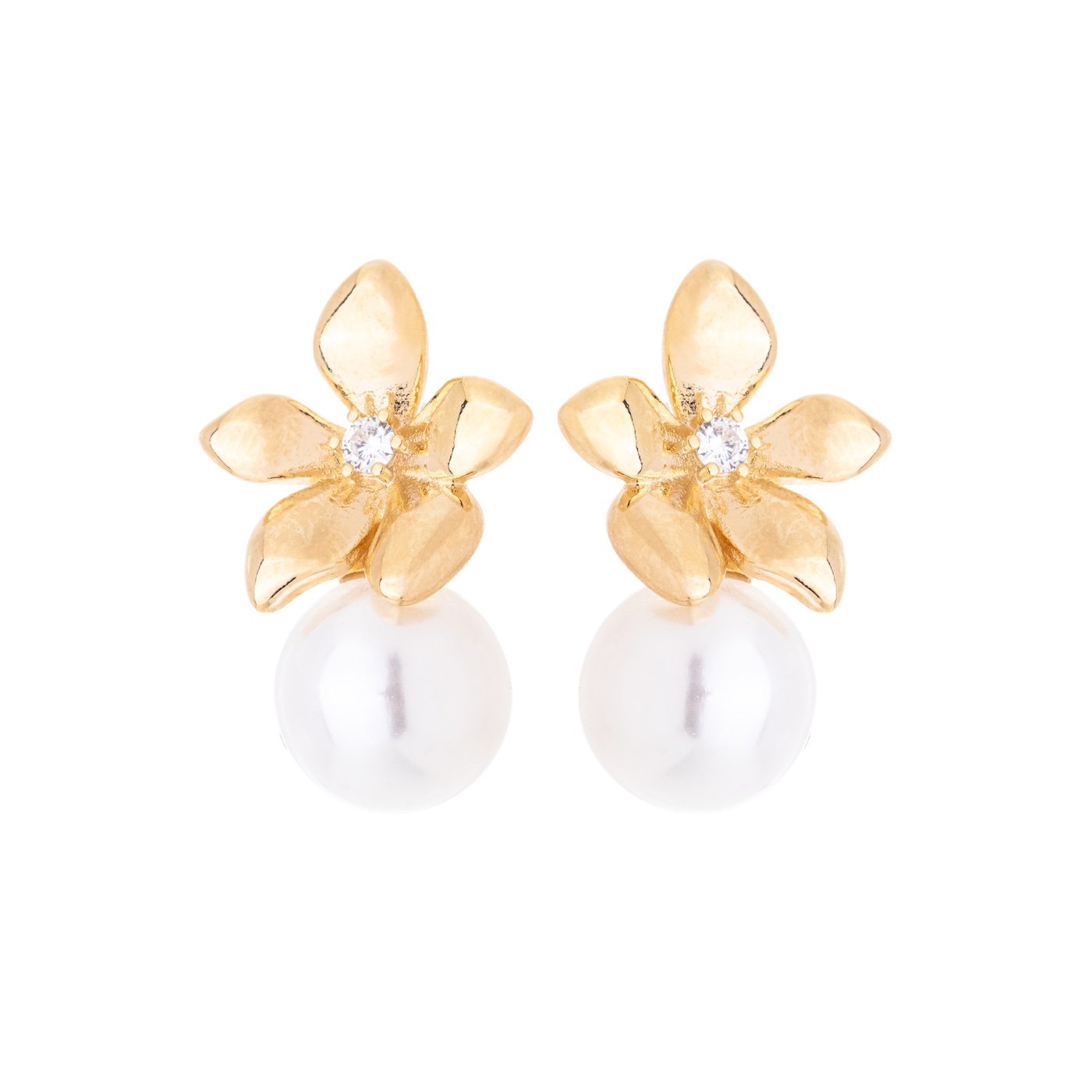 Brinco flor com pérola banhado a ouro 18k