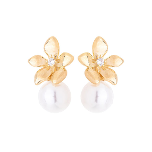 Brinco flor com pérola banhado a ouro 18k