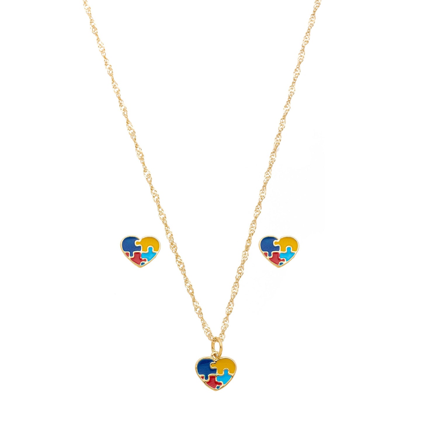 Conjunto de coração com simbologia do autismo resinado banhado a ouro 18k - Biju & Cia.