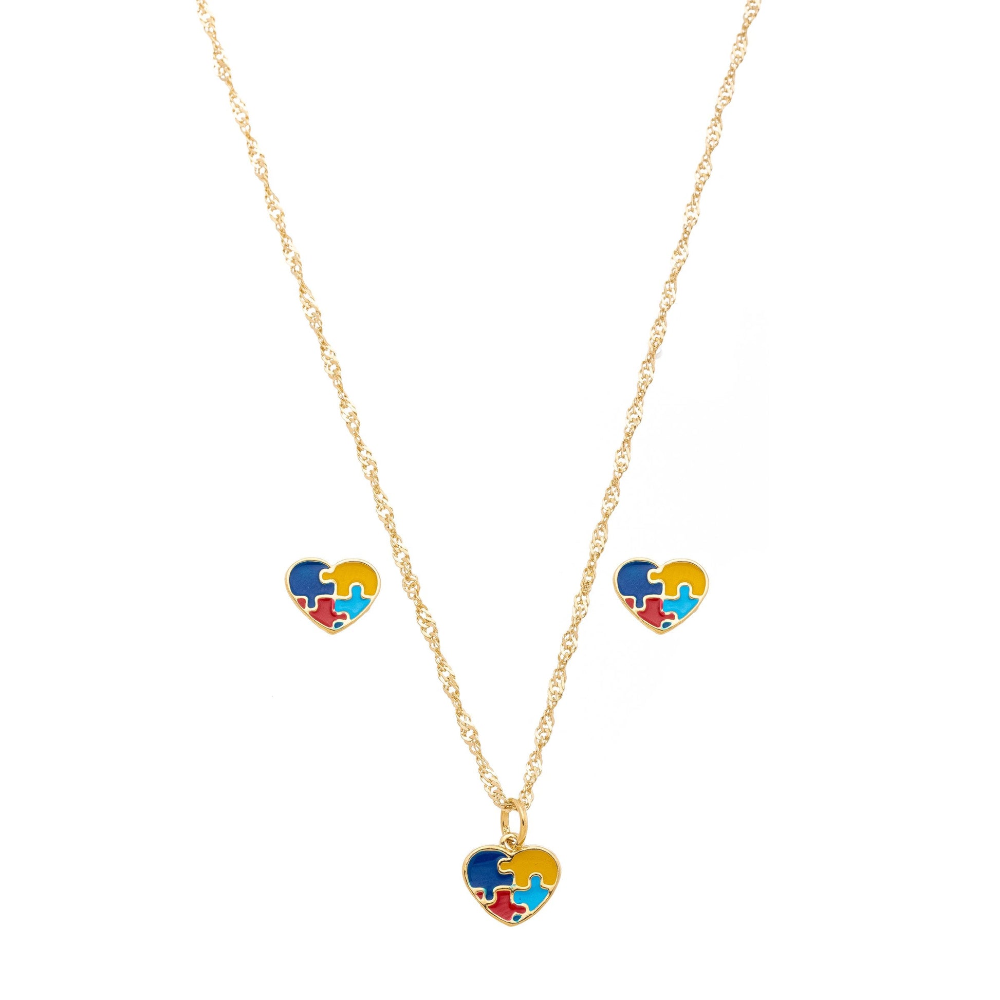 Conjunto de coração com simbologia do autismo resinado banhado a ouro 18k - Biju & Cia.
