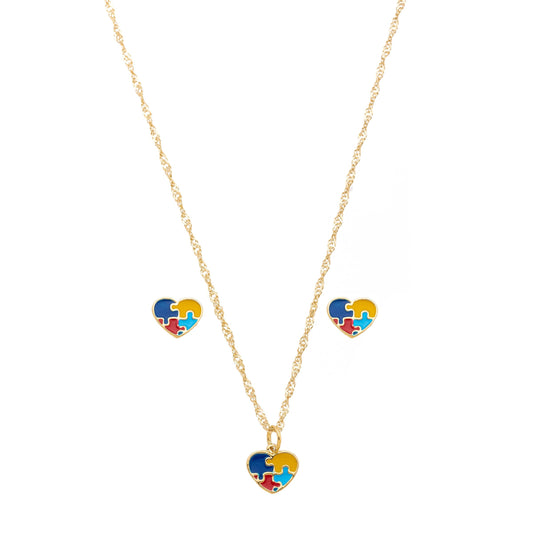Conjunto de coração com simbologia do autismo resinado banhado a ouro 18k - Biju & Cia.