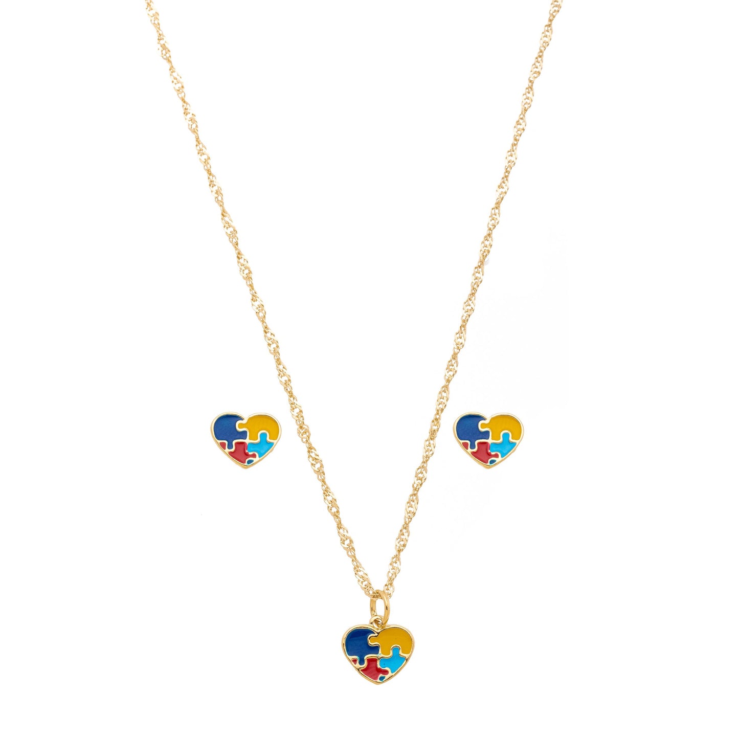Conjunto de coração com simbologia do autismo resinado banhado a ouro 18k - Biju & Cia.
