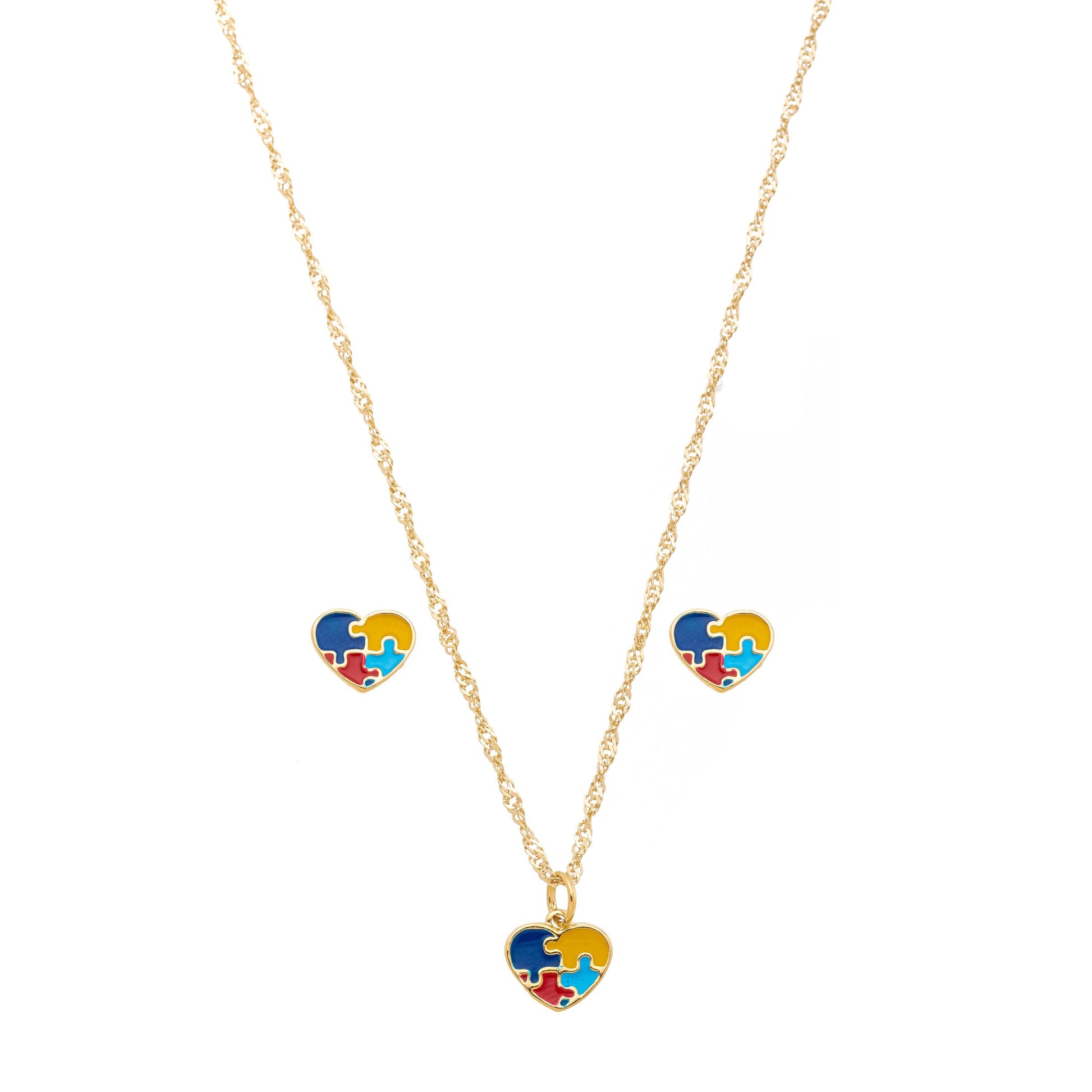 Conjunto de coração com simbologia do autismo resinado banhado a ouro 18k - Biju & Cia.