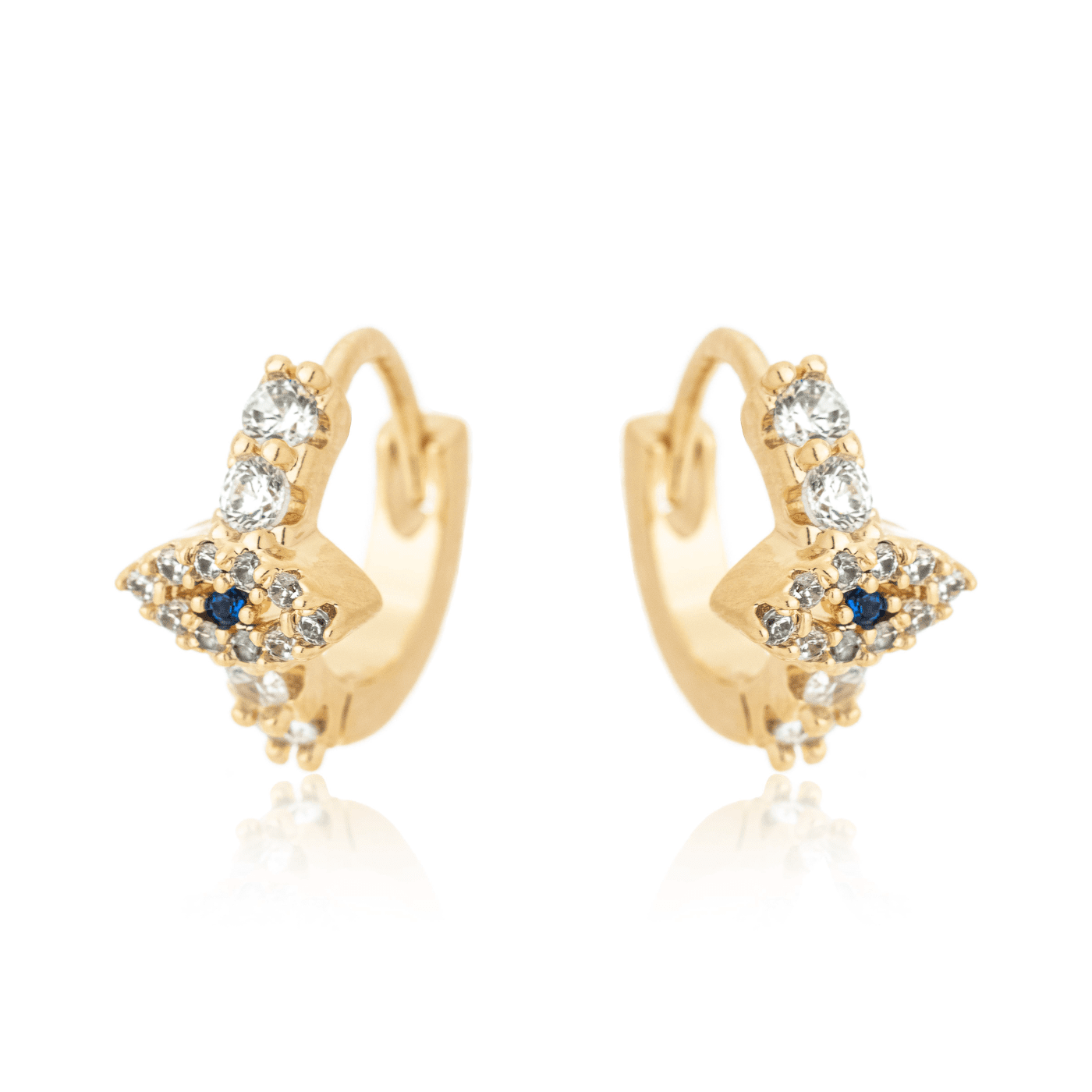 Brinco de argola articulada com olho grego cravejado banhado a ouro 18k - Biju & Cia.