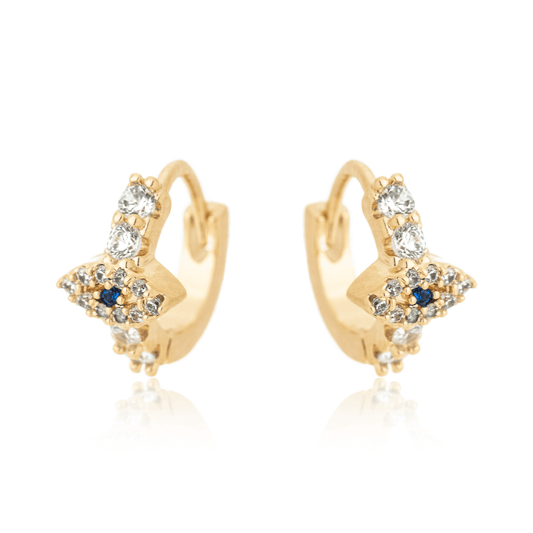 Brinco de argola articulada com olho grego cravejado banhado a ouro 18k - Biju & Cia.