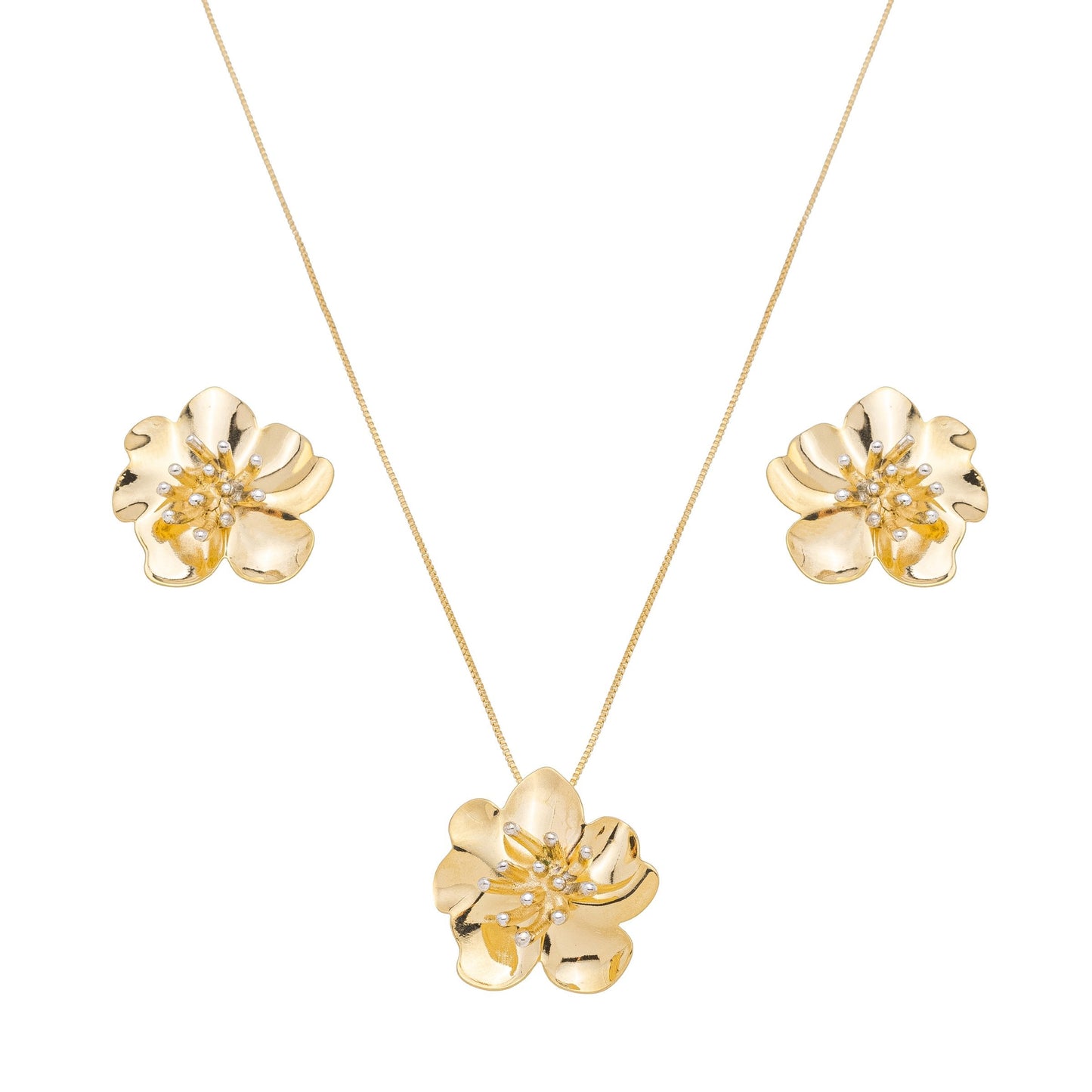 Conjunto de flor banhado a ouro 18k e a prata - Biju & Cia.