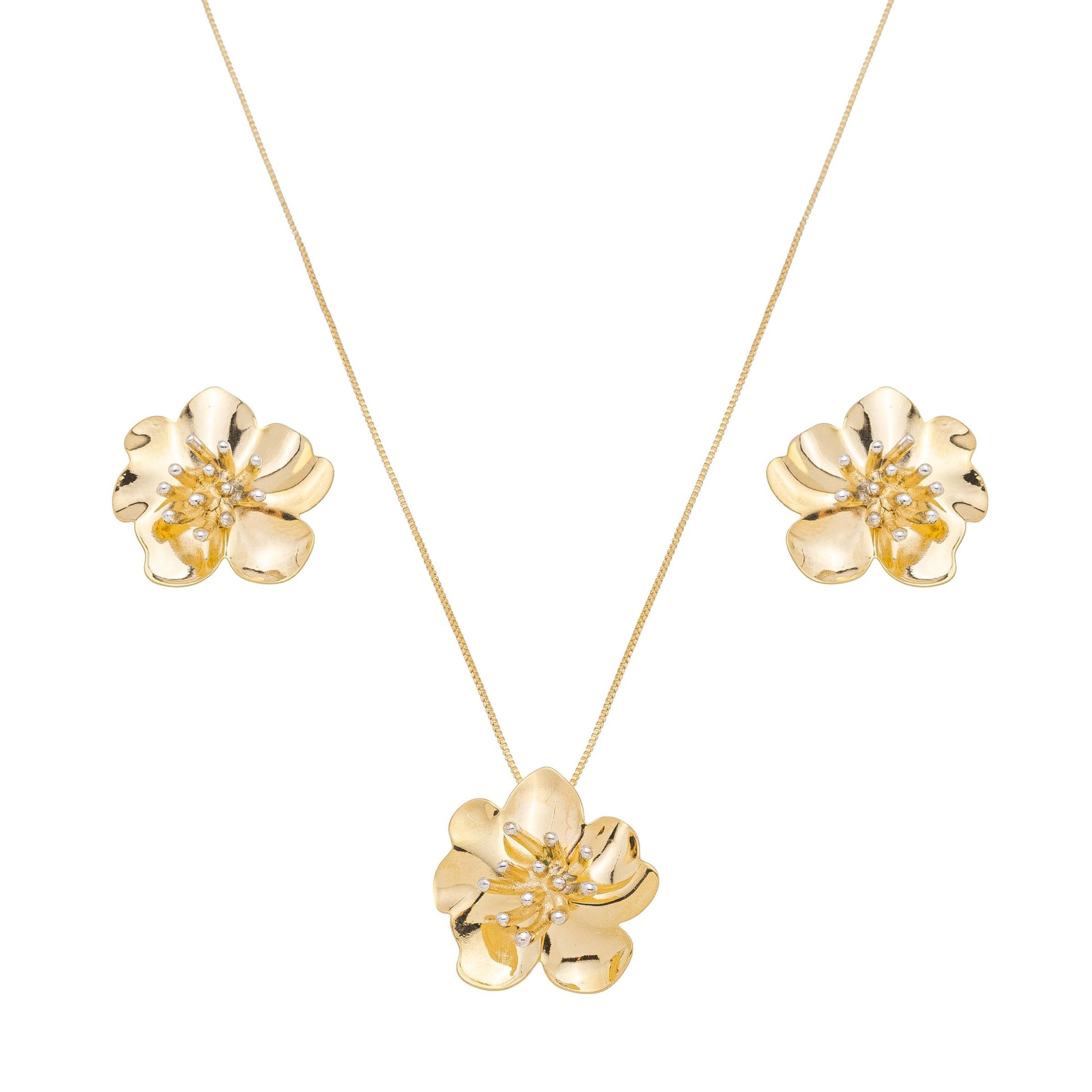 Conjunto de flor banhado a ouro 18k e a prata - Biju & Cia.