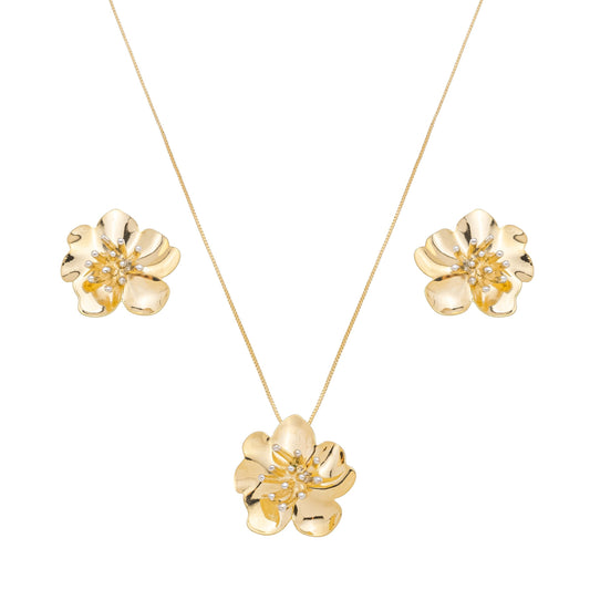 Conjunto de flor banhado a ouro 18k e a prata - Biju & Cia.