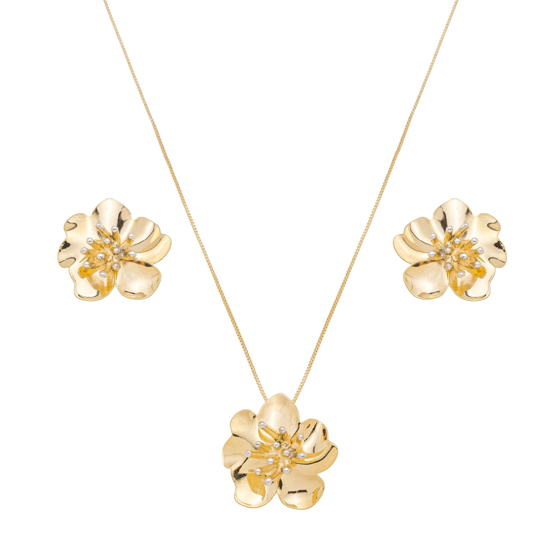 Conjunto de flor banhado a ouro 18k e a prata - Biju & Cia.