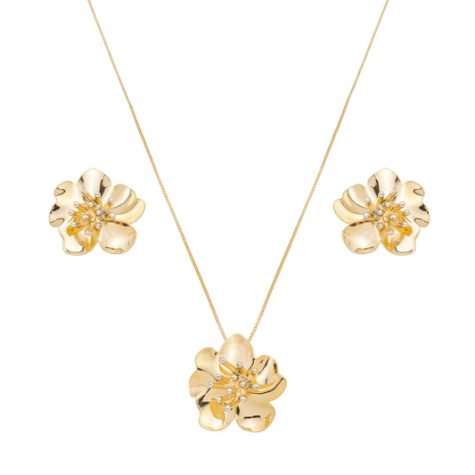 Conjunto de flor banhado a ouro 18k e a prata - Biju & Cia.