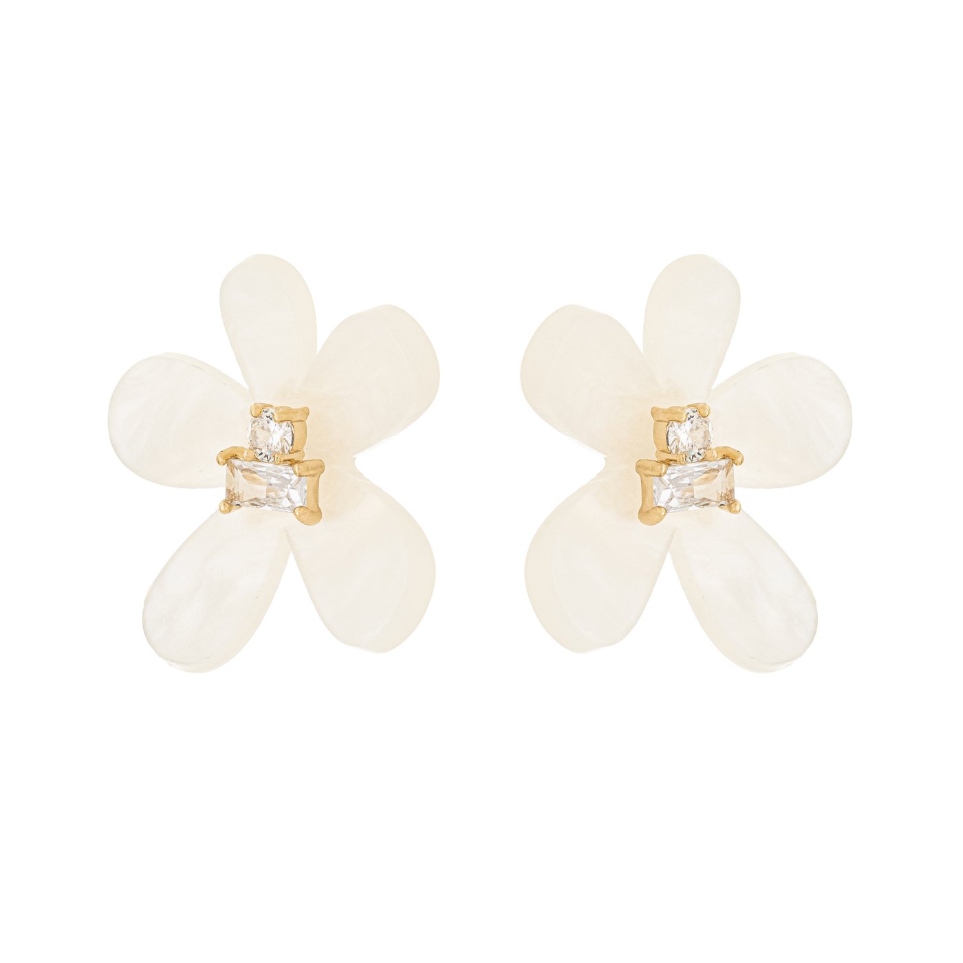 Brinco flor com madre pérola e zircônia banhado a ouro 18k