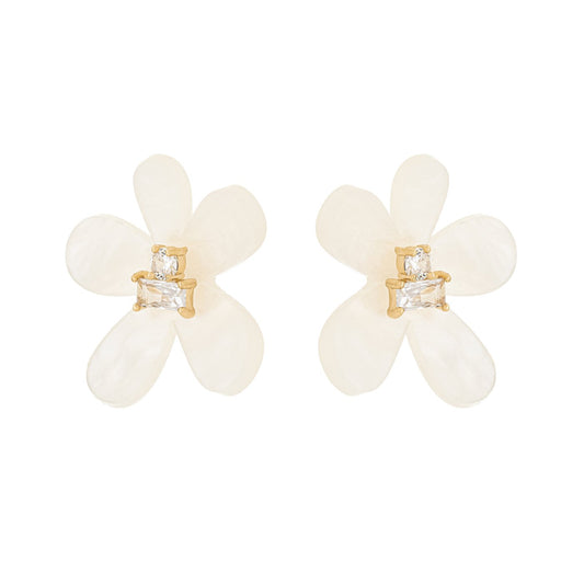 Brinco flor com madre pérola e zircônia banhado a ouro 18k