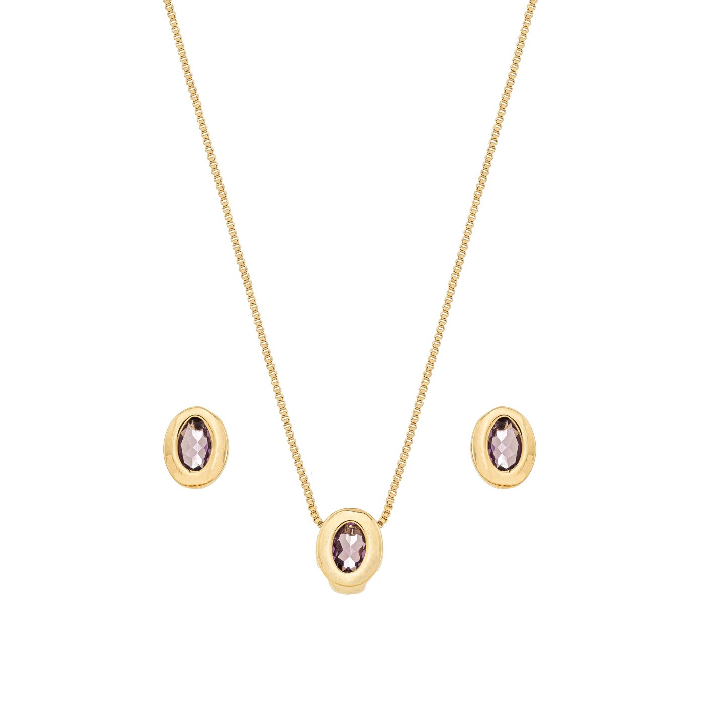 Conjunto oval com pedra banhado a ouro 18k - Biju & Cia.