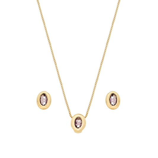 Conjunto oval com pedra banhado a ouro 18k - Biju & Cia.