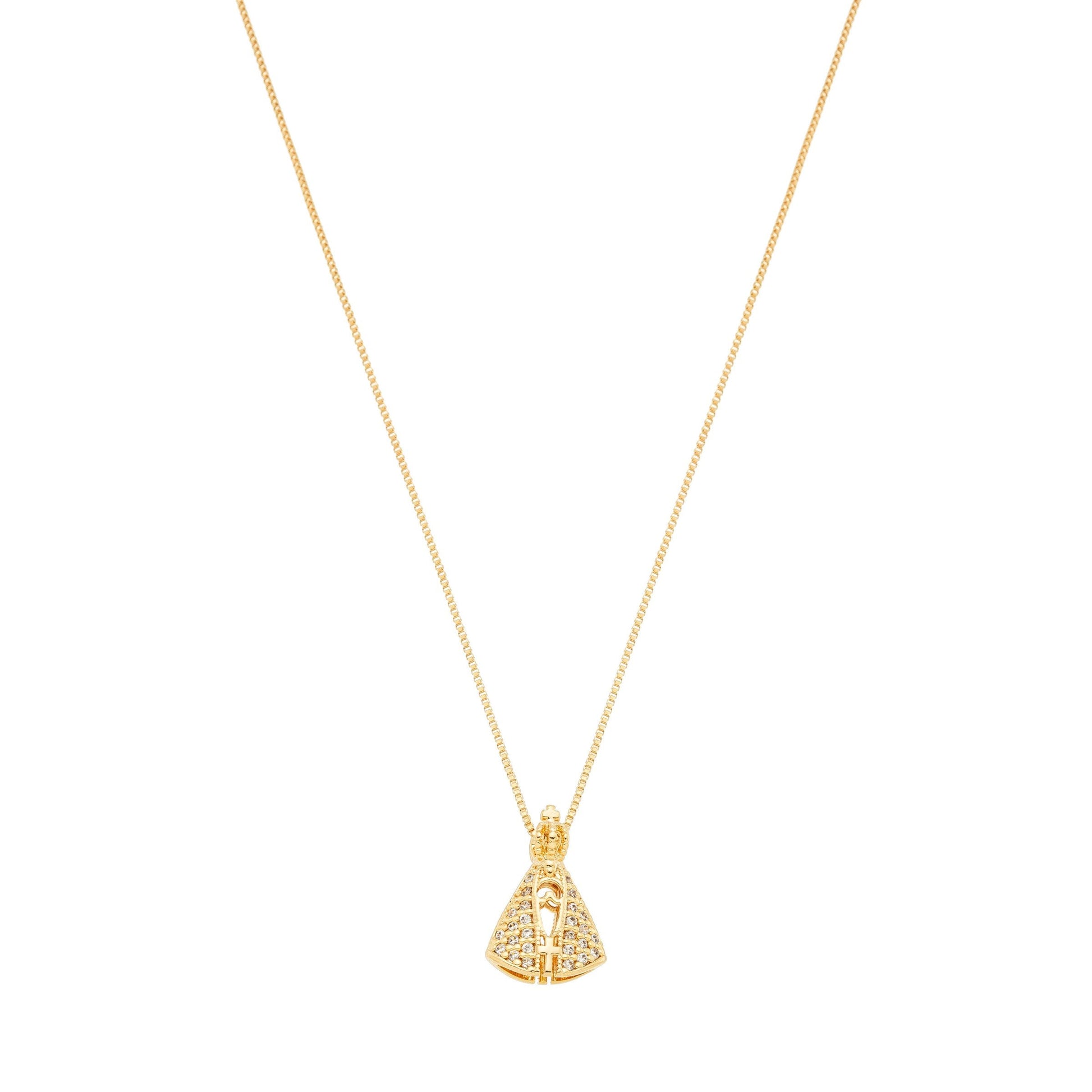 Gargantilha de Nossa Senhora de Aparecida cravejada banhada a ouro 18k - Biju & Cia.