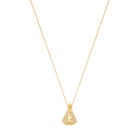 Gargantilha de Nossa Senhora de Aparecida cravejada banhada a ouro 18k - Biju & Cia.