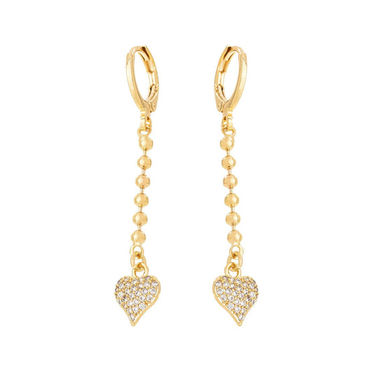 Brinco de argola articulada com corrente e coração cravejado de zircônias banhado a ouro 18k - Biju & Cia.