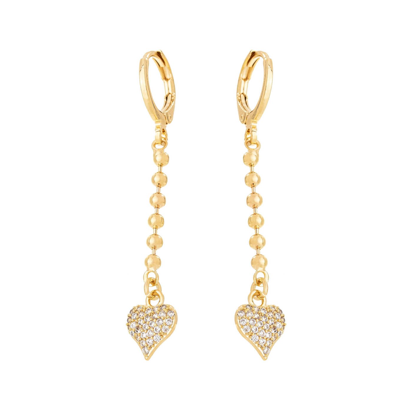 Brinco de argola articulada com corrente e coração cravejado de zircônias banhado a ouro 18k