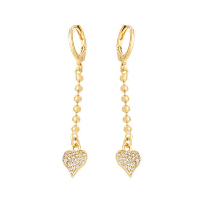 Brinco de argola articulada com corrente e coração cravejado de zircônias banhado a ouro 18k