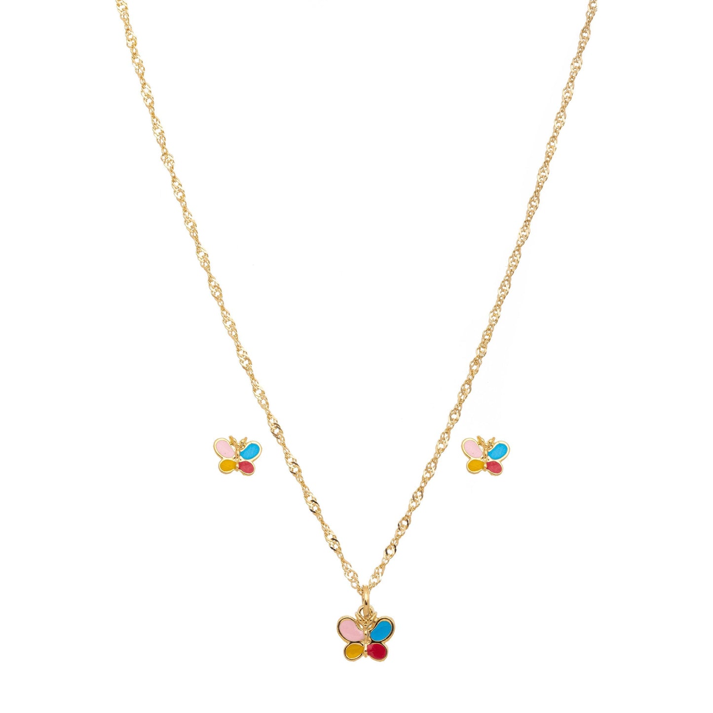Conjunto infantil de borboleta resinado banhado a ouro 18k - Biju & Cia.
