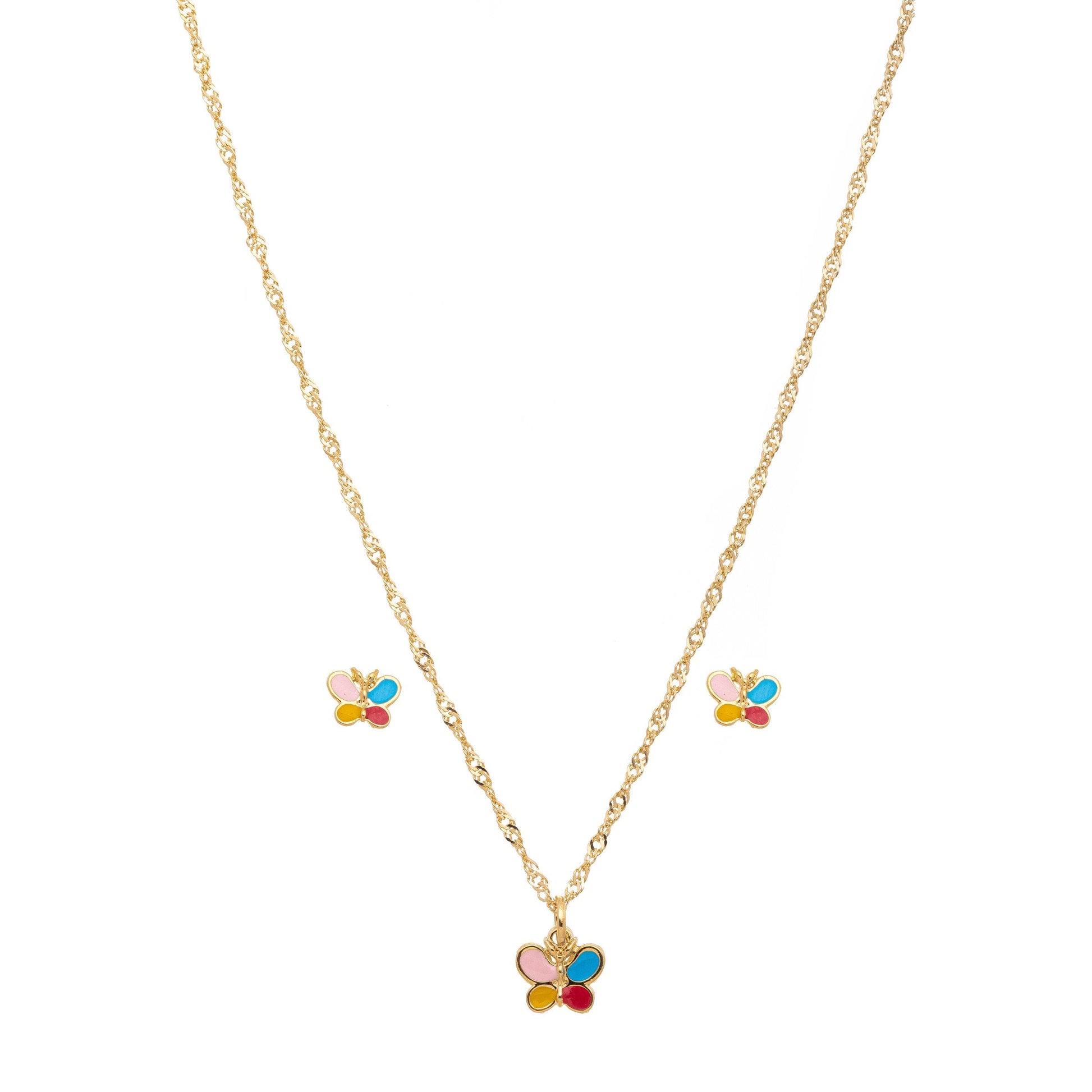Conjunto infantil de borboleta resinado banhado a ouro 18k - Biju & Cia.