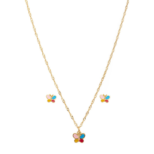 Conjunto infantil de borboleta resinado banhado a ouro 18k - Biju & Cia.