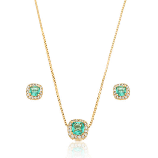 Conjunto de brinco e gargantilha com pedra quadrada e zircônias banhado a ouro 18k - Biju & Cia.