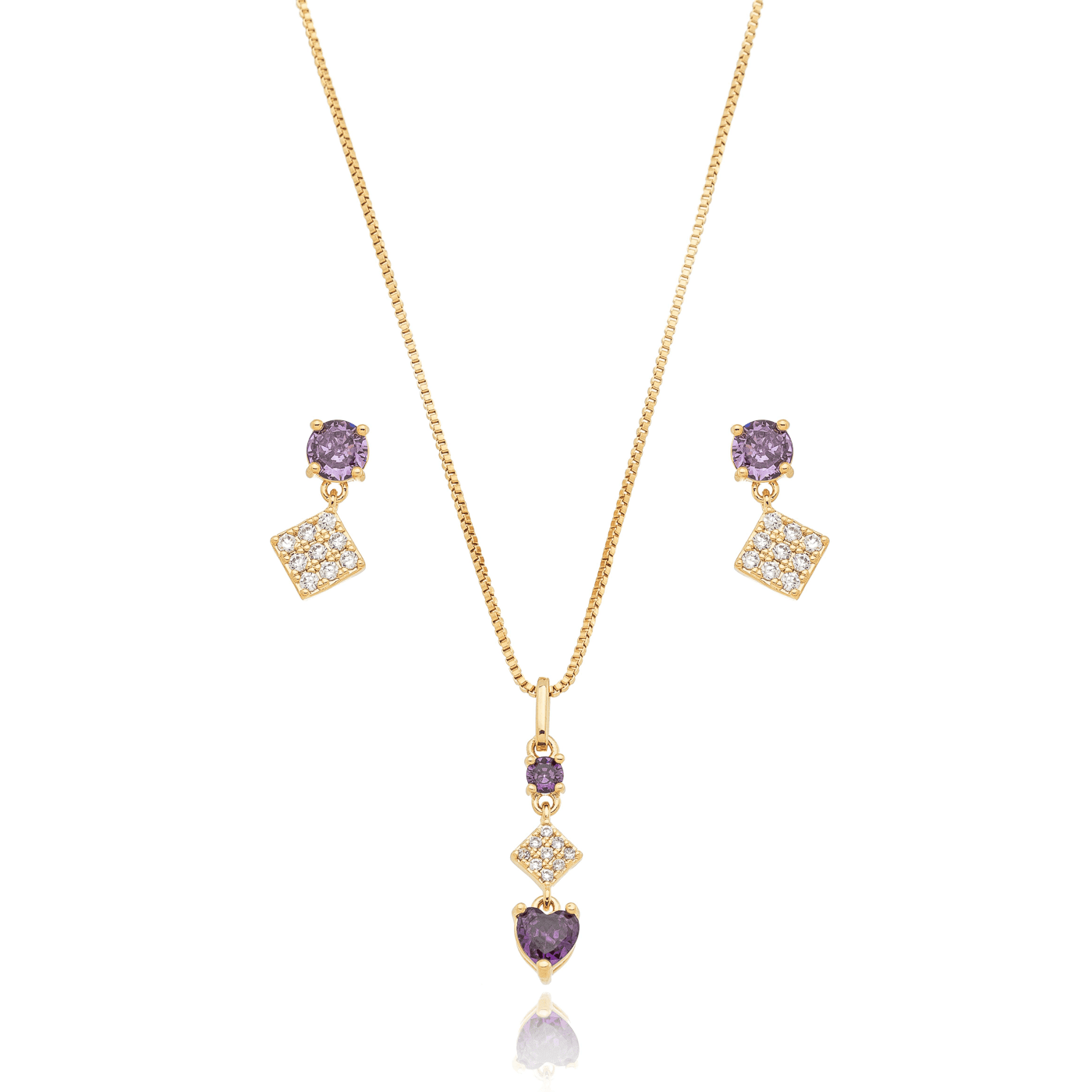 Conjunto de brinco e gargantilha de pedra com zircônias banhado a ouro 18k - Biju & Cia.