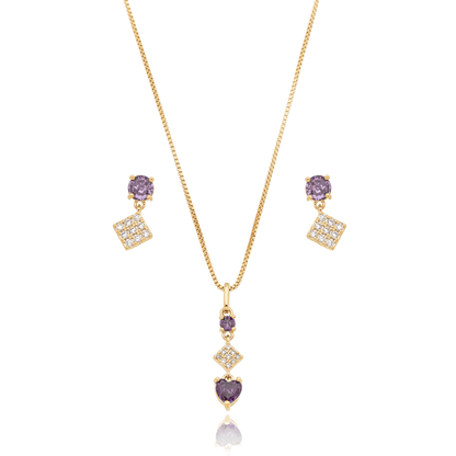 Conjunto de brinco e gargantilha de pedra com zircônias banhado a ouro 18k - Biju & Cia.