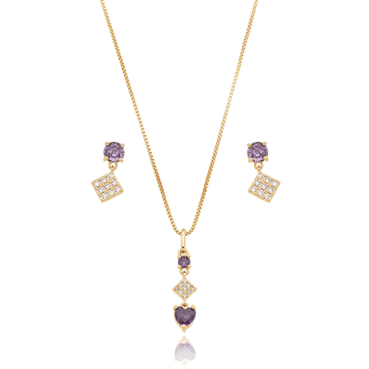 Conjunto de brinco e gargantilha de pedra com zircônias banhado a ouro 18k - Biju & Cia.