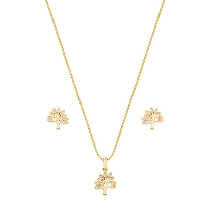 Conjunto árvore da vida com zircônias banhado a ouro 18k