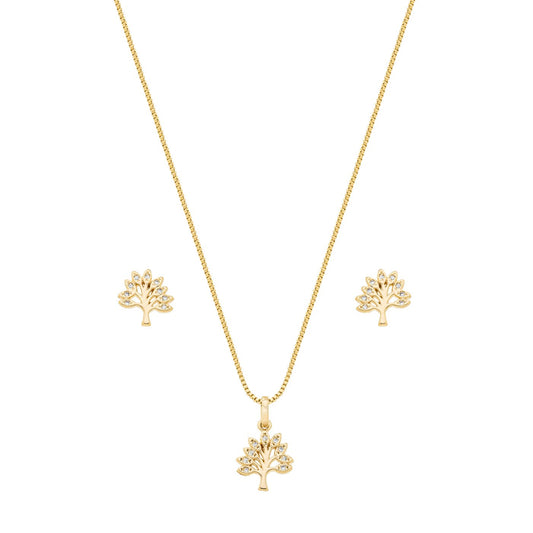 Conjunto árvore da vida com zircônias banhado a ouro 18k