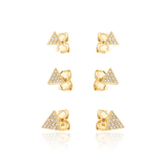 Trio de brincos de triângulo com zircônias banhado a ouro 18k - Biju & Cia.