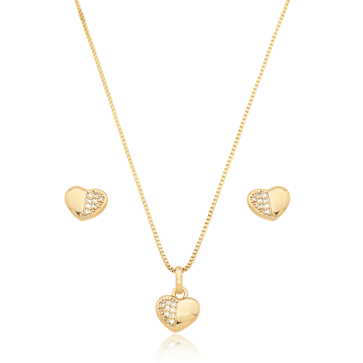 Conjunto de brinco e gargantilha de coração com zircônias banhado a ouro 18k - Biju & Cia.