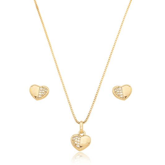 Conjunto de brinco e gargantilha de coração com zircônias banhado a ouro 18k - Biju & Cia.