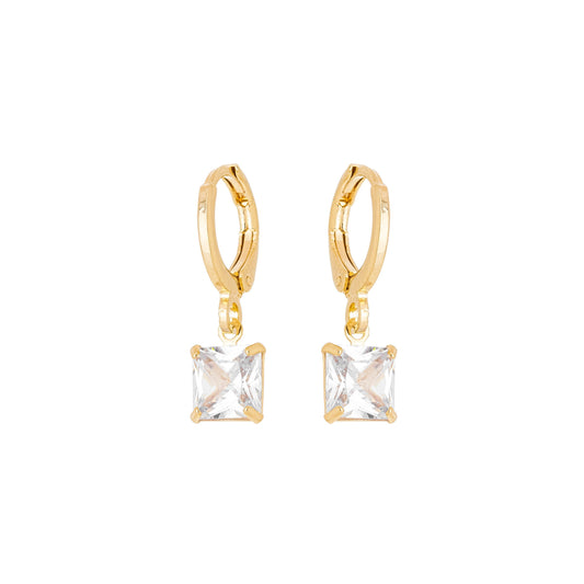 Brinco de argola com pingente de zircônia quadrado banhado a ouro 18k - Biju & Cia.