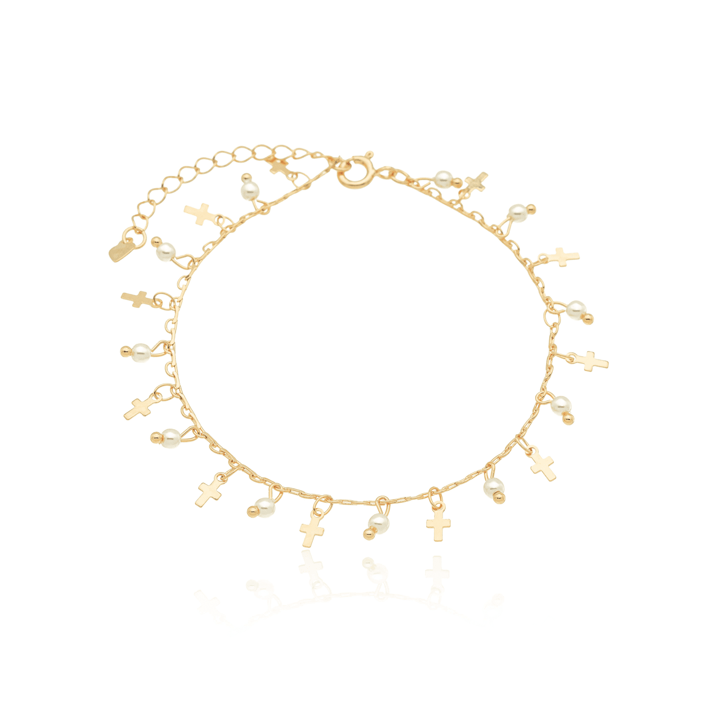 Pulseira com pérolas e cruz banhada a ouro 18k - Biju & Cia.