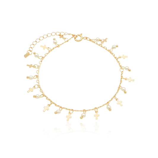Pulseira com pérolas e cruz banhada a ouro 18k - Biju & Cia.