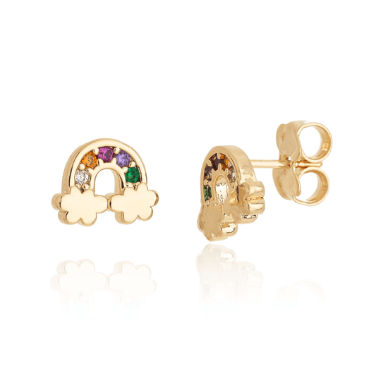 Brinco infantil de arco-íris com zircônias coloridas banhado a ouro 18k
