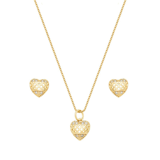 Conjunto coração com zircônias banhada a ouro 18k