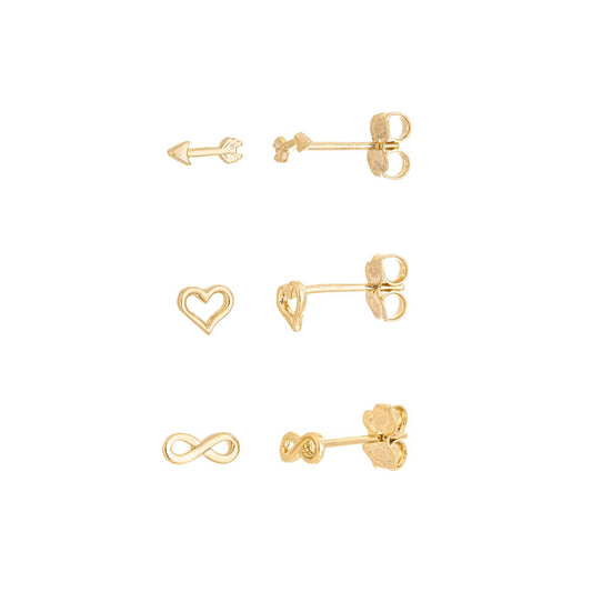 Trio de brincos infinito, coração e flecha banhado a ouro 18k