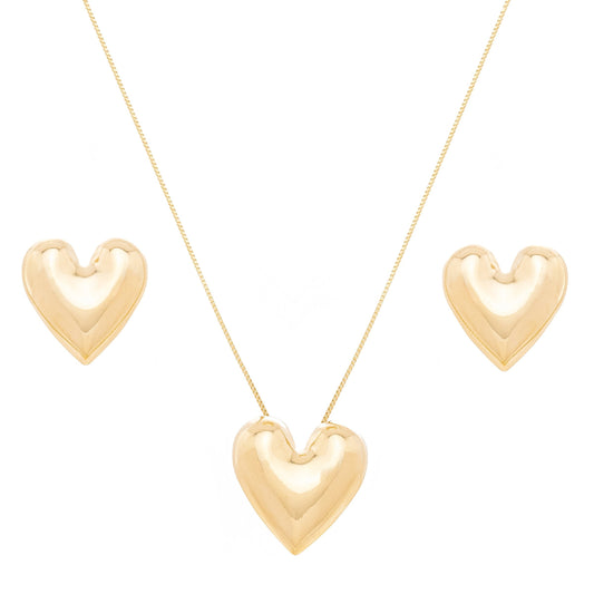 Conjunto de coração liso banhado a ouro 18k - Biju & Cia.