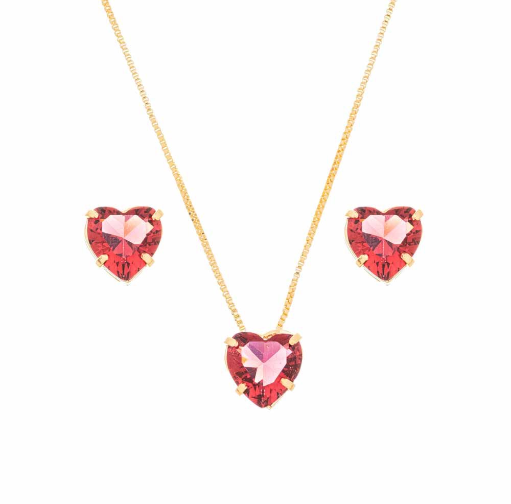 Conjunto coração com pedra banhado a ouro 18k - Biju & Cia.